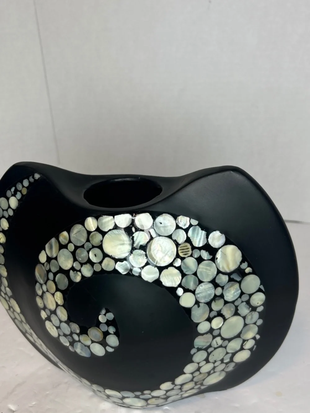 Black Ceramic Vase Vessel Intricate Mother of Pearl Inlay Swirl MCM Art Deco 8
